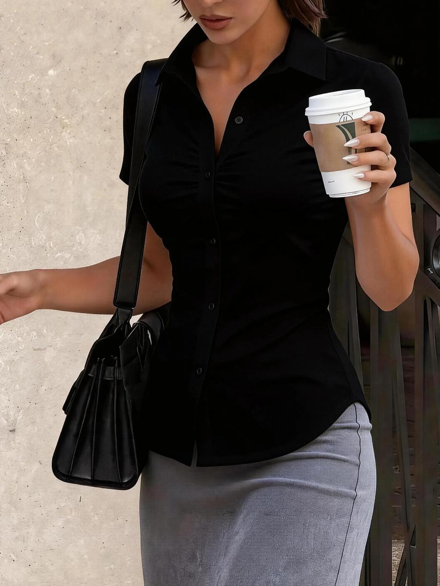 New Style Business Commute Slim Fit Stand Collar Short Sleeve Shirt Women S чёрный
