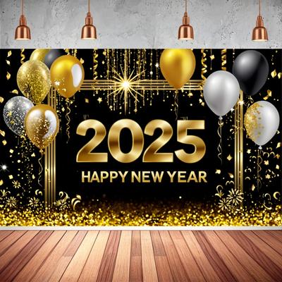 Fondo de fiesta con temática dorada de Feliz Año Nuevo 2025, pancarta de globos de fuegos artificiales, fondo de decoración para fiesta familiar de celebración de Año Nuevo