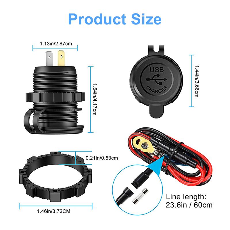 Car USB Charger Socket Metal 60W Car Charger 12V 24V USB Outlet PD USB-C & Two QC3.0 Ports Touch Switch for Boat Marine