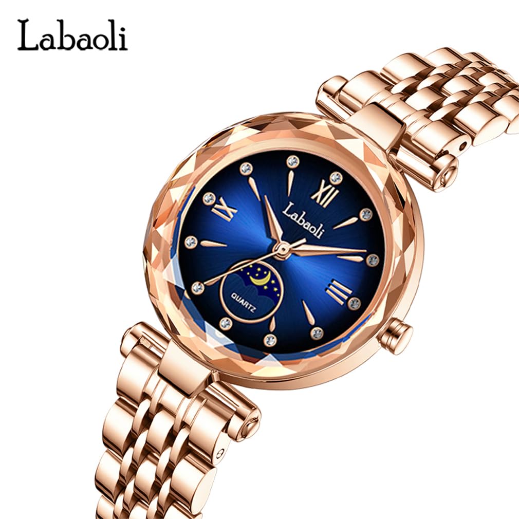 Rose Gold Watch with Brand Stainless Gift for Blue Women's Crystals, Stylish, Waterproof, Name, Business, Steel, Luxury, Cute, Her,