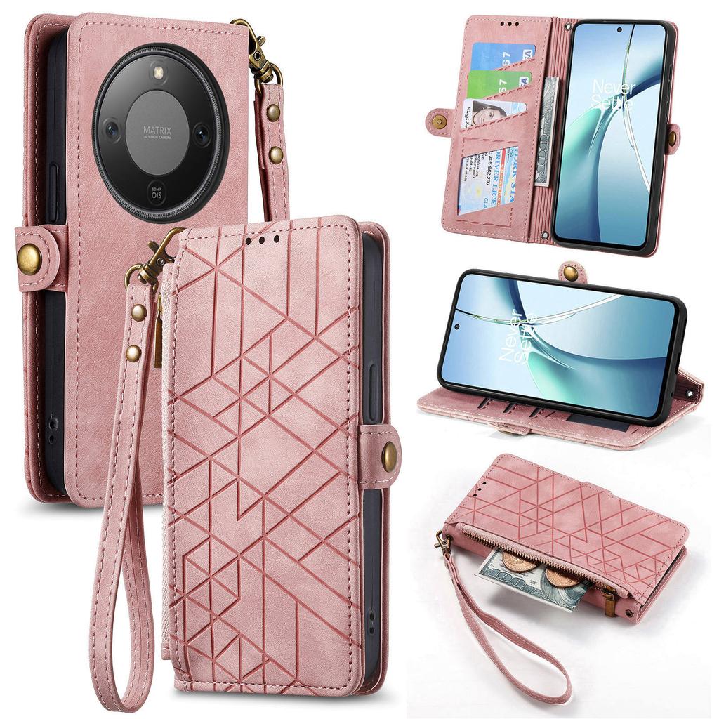 Etui For Honor Magic8 Lite 5G/X9d 5G/X70 5G Portfel na zamek Błyskawiczny Geometryczne Linie Skórzana Osłona Telefonu z Paskiem