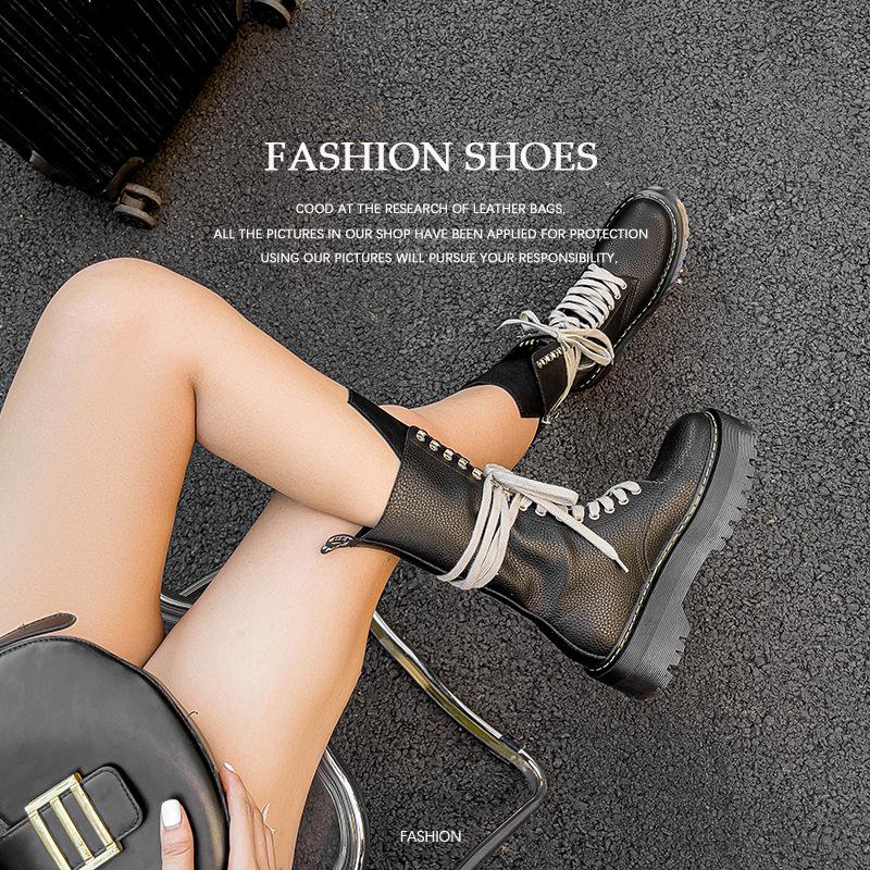 All Cowhide Pu Caiying Same Lychee Pattern Lace-Up Martin Boots Women'S Thick-Soled Medium Tube Handsome Knight Boots Heightening Short Boots