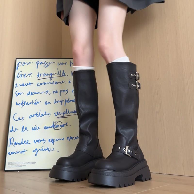 Black boots women's 2025 new spring, autumn and winter thick-soled knee-high knight boots small long boots