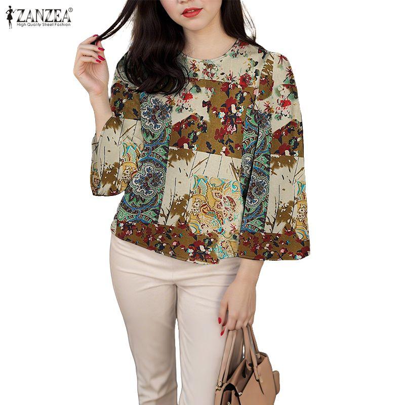 ZANZEA Women Ethnic Print Casual Round Neck 3/4 Sleeve Blouse