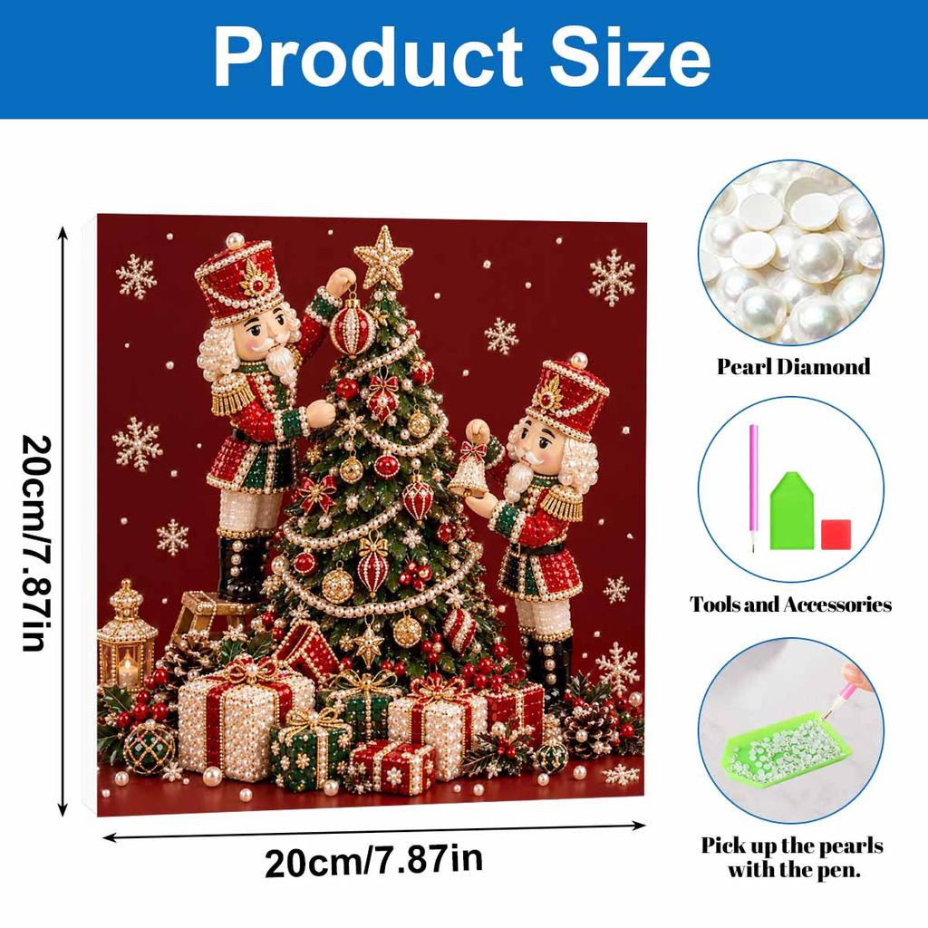 Handmade Framed Pearl Painting Set with Christmas Nutcracker Tree Design 5D Shiny Bead Art Canvas Creative Craft for Room Decor