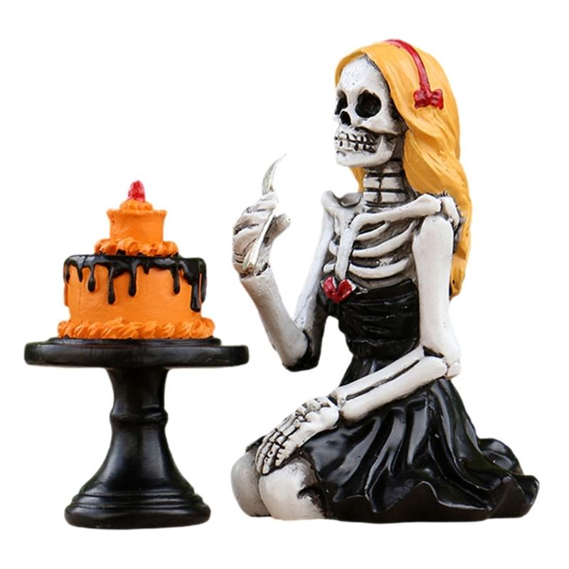 Cake Eating Skeleton Ornaments Skeleton Girl Eating Cake Figurine for Halloweens Party Decoration 1