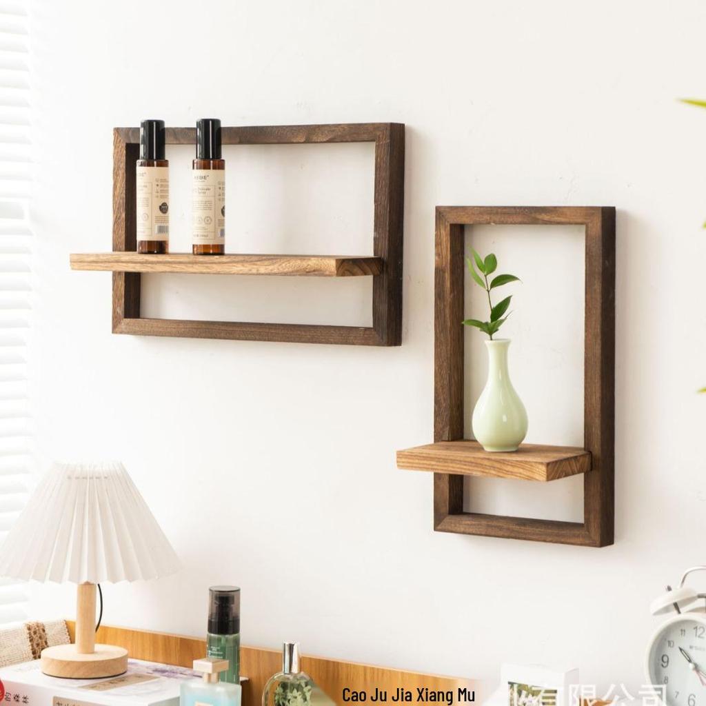 Square Solid Wood Floating Wall Shelf for Living Room - Creative Wooden Photo Frame & Ornament Display