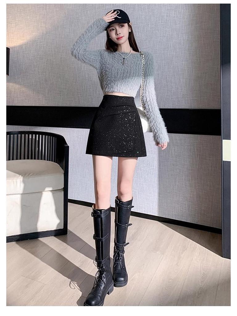 Gray Woolen Sequin Short Skirt - Women's Autumn/Winter 2025 French-Style High-End Design