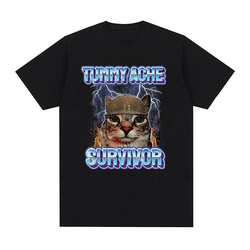 Vintage Tummy Ache Survivor Funny Cat Meme Tee Shirt Men Women Clothing Fashion Short Sleeve T-shirt Casual Pure Cotton T Shirts