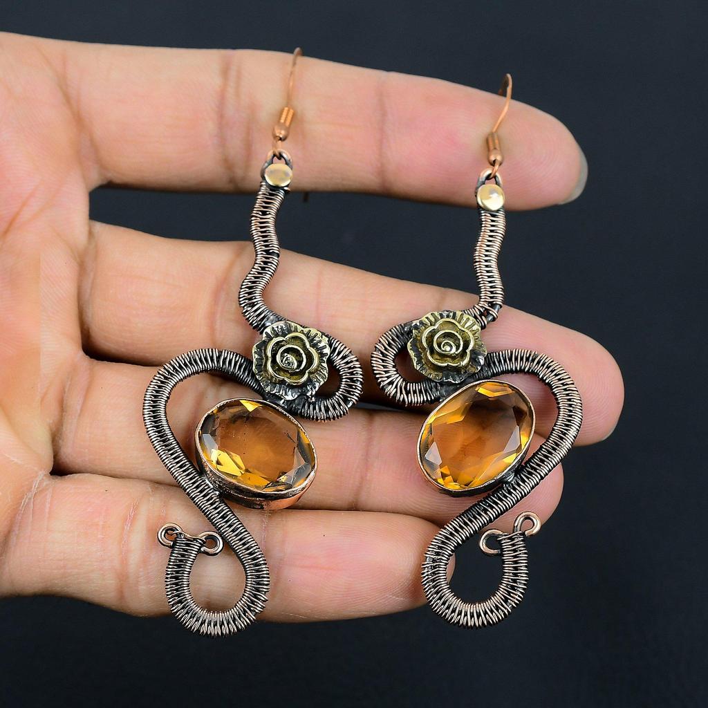 Citrine Earrings, 999 Copper Wire Wrapped Gemstone Jewelry, Handmade Earrings, For Thanksgiving