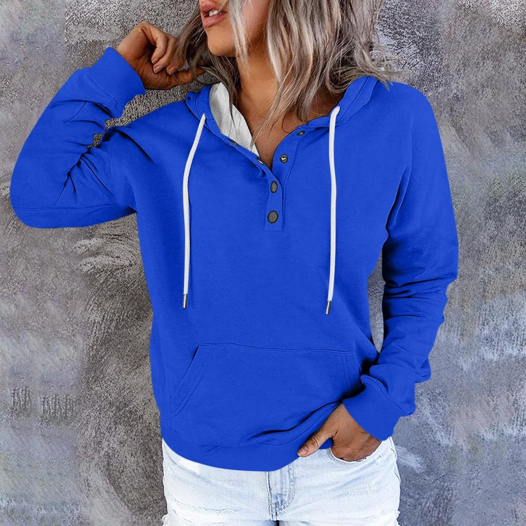 Dámský svetr mikiny s kapucí, jednobarevné ležérní mikiny s knoflíkem dolů s dlouhým rukávem