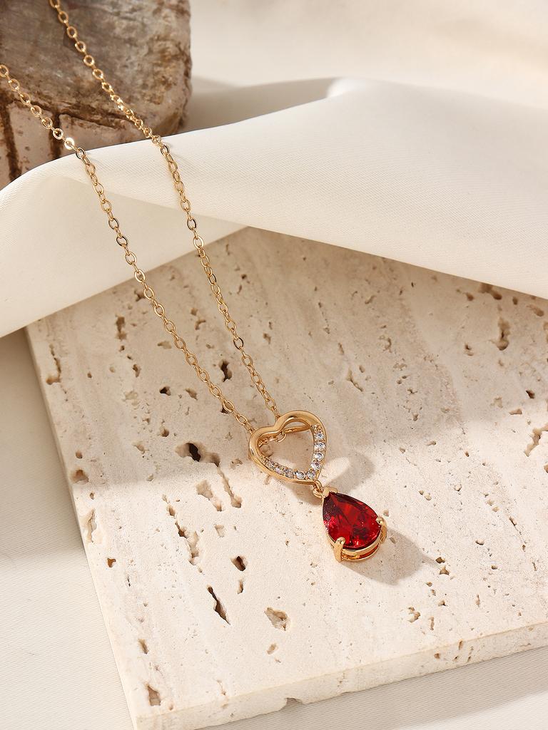 Best Daily Wear Copper Alloy Heart-Shaped Pendant with Red Crystal Sparkling Embellishment Holiday Gift-Fashion Chains Necklace