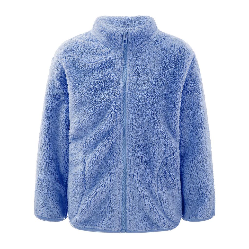 Kids Casual Outerwear Long Sleeve Stand Collar Soft Plush Zipper Closure Pockets Side Warm Jacket