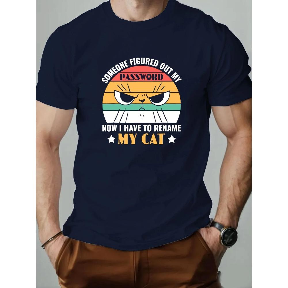 

T-Shirt Men 100% Cotton MY CAT Cartoon Print Summer Round Neck Breathable Oversized Tee Casual Fashion High quality Clothing XXXL темно-синий