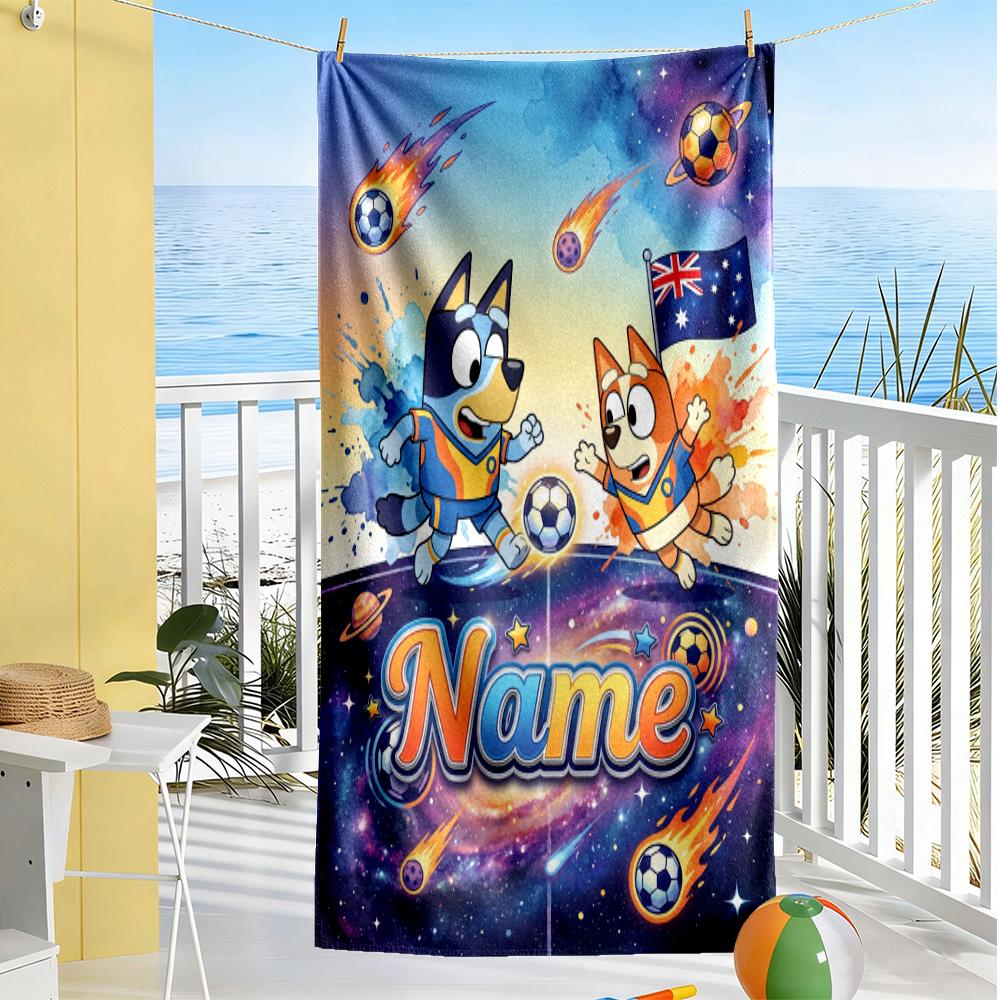 Bluey's Soccer Fun Customize Text Beach Towel Super Soft & Absorbent