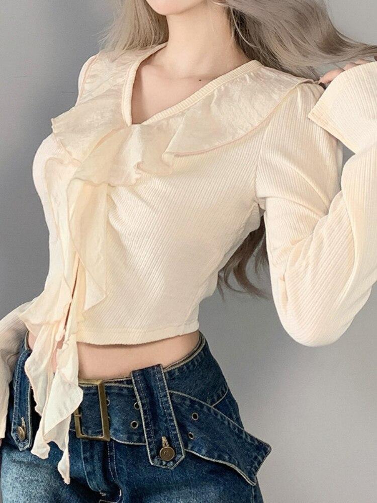 

Новинка 2022 года, весенне-осенний корейский стиль, женские винтажные топы в стиле Харадзюку, блузки, модная повседневная уличная одежда с v-образным вырезом, элегантные элегантные рукава L