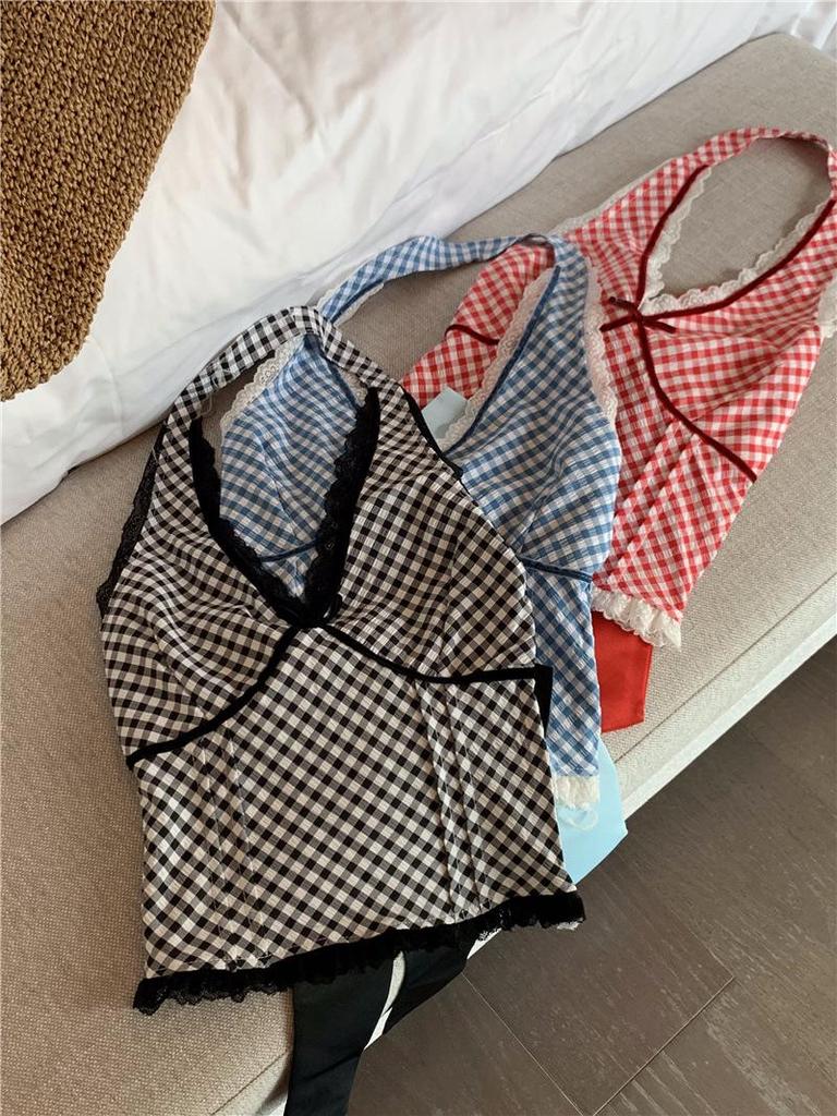 Pure & Sexy Red Plaid Lace Halter Top - Women's Summer Tank