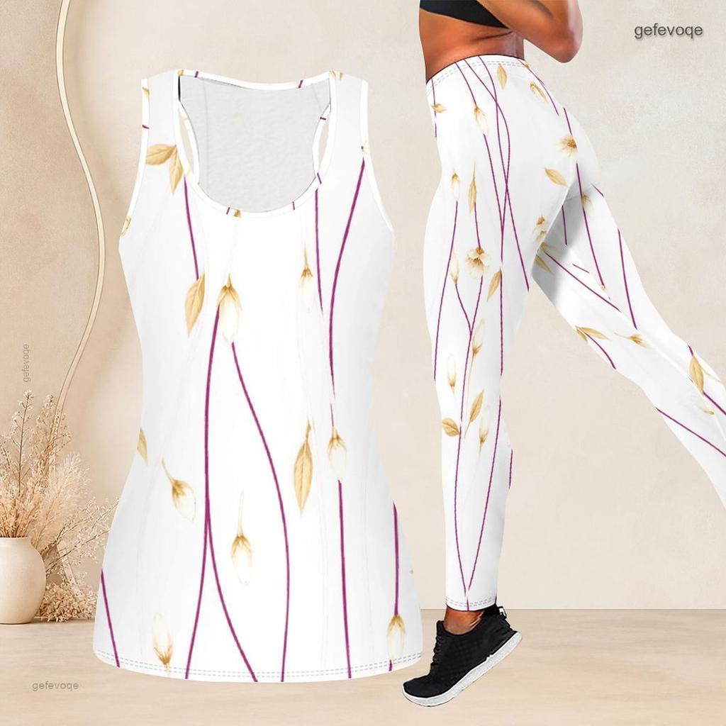 Women Plus Size Two Piece Set Scoop Neck Sleeveless Floral Printed Longline Tank Top Fitted Leggings