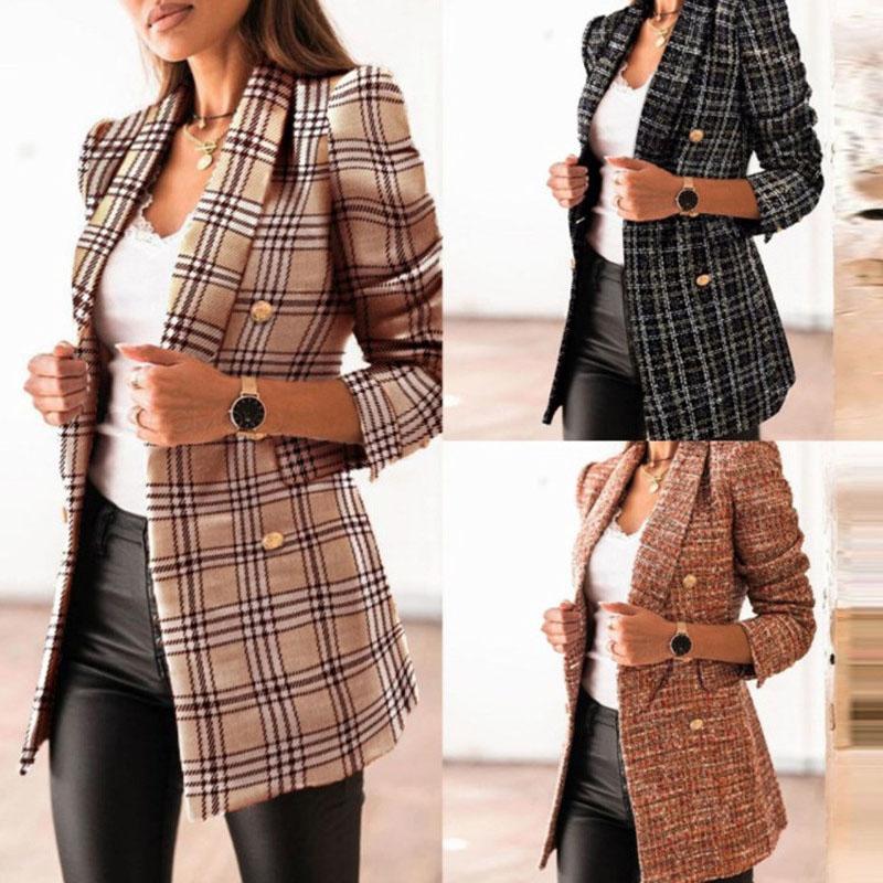 Casual Thin Suit Lady Long-sleeved Blazer Double-breasted Check Blazer Slim Fit Office Lady Elegant Chic Jacket CoatBlazer