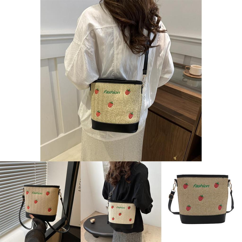 Trendy Chic Woven Bucket Bag For Women Summer Sling Tote Handbag With Soft Structure