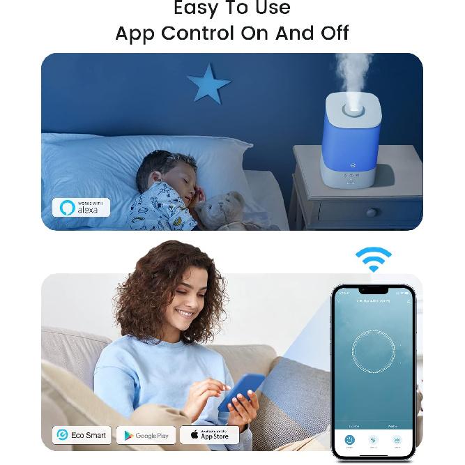 Humidifiers for Bedroom Large Room, Esemoil Smart WiFi Cool Mist Humidifiers for Baby, 3.5L Top Fill & 28dB Quiet, 40H Air Ultrasonic Diffuser with 8