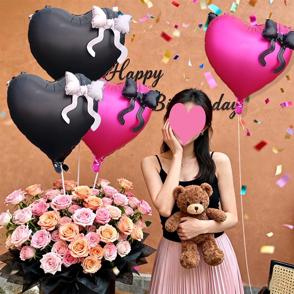 22inch Pink Red Black Heart Shaped Foil Balloons with Bow Valentines Day Wedding Party Decorations Birthday Baby Shower Balloons