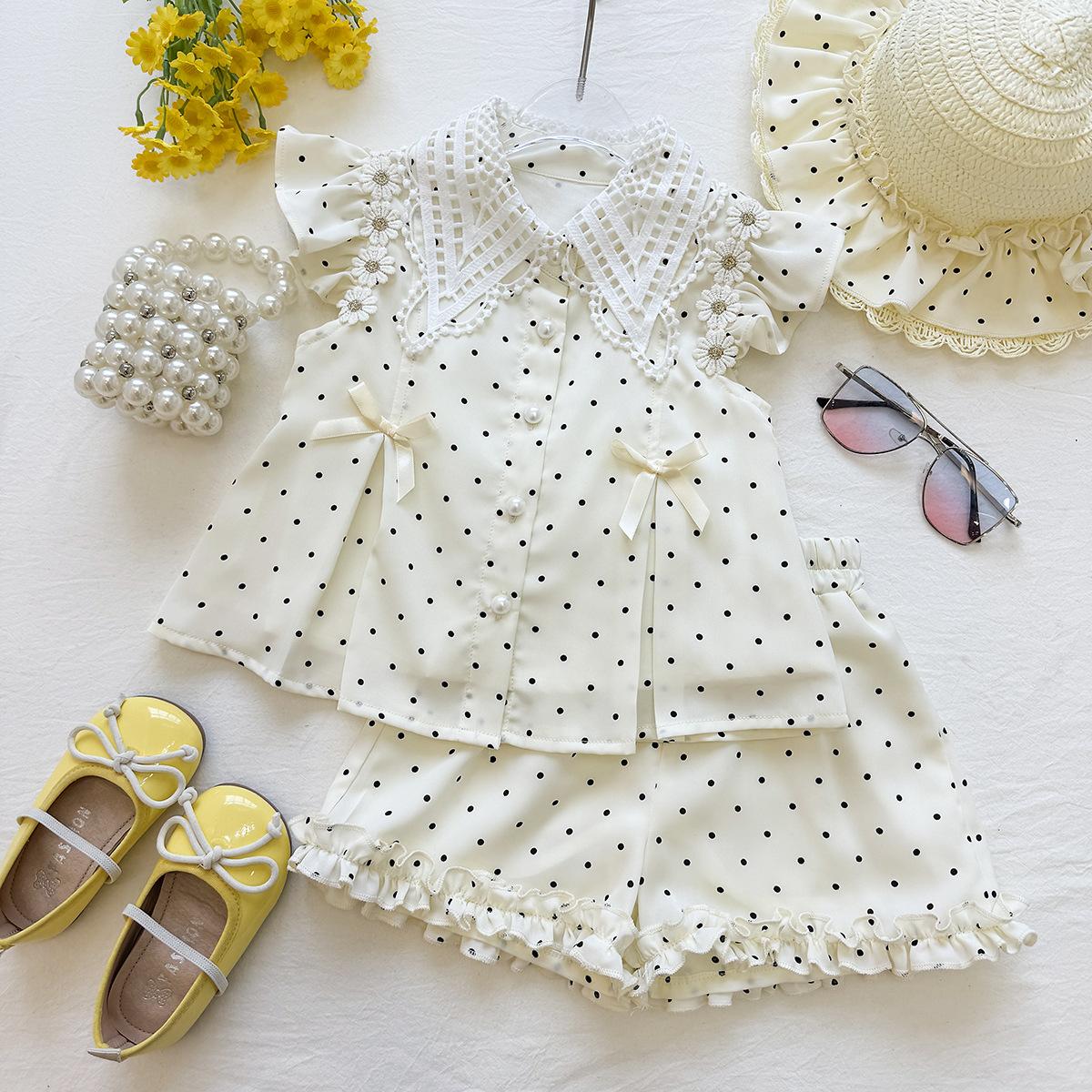 Summer Girls Polka Dot Flutter Sleeve Top And Ruffle Shorts Set Stylish Two Piece Outfit For Kids 90cm