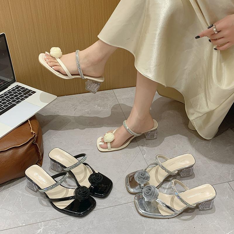 Camellia set toe high heel cool slippers women's summer new rhinestone fashion crystal and slippers women