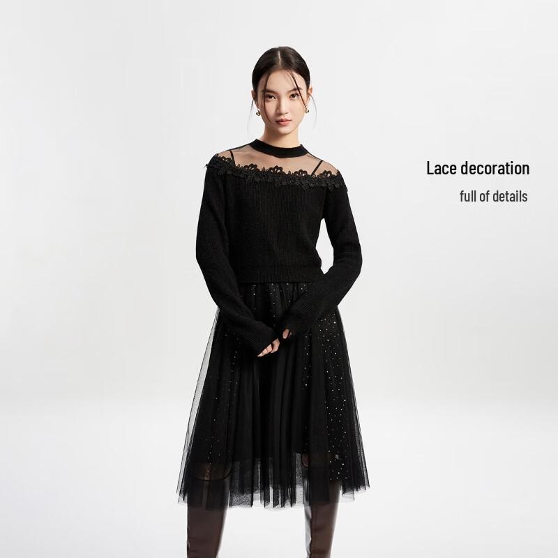 Veromoda Damska dzianinowa sukienka swetrowa z okrągłym dekoltem, z siateczkowymi wstawkami patchworkowymi