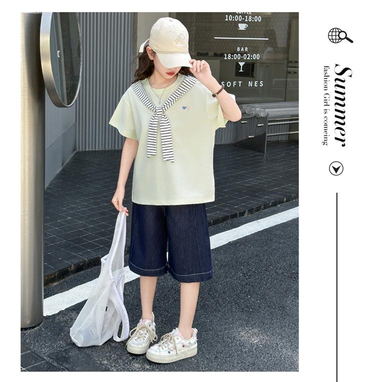 Girls' College Style Set 2026 Summer New Striped Tie T-shirt Clear Color Jeans Middle and Large Children's Two Piece Set