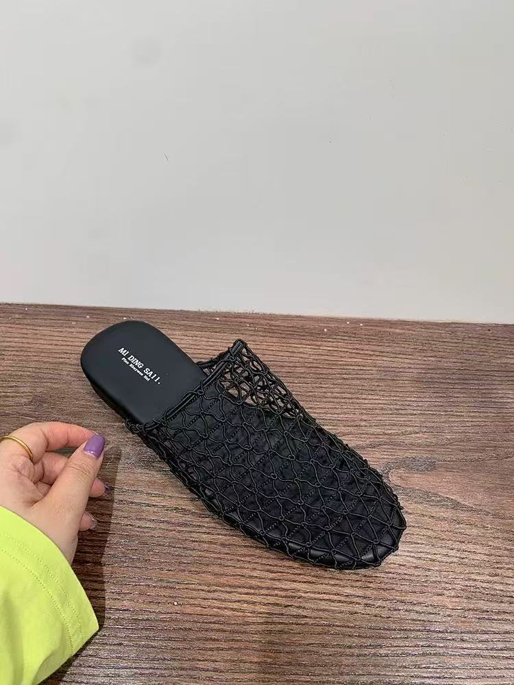 Niche Fishnet Woven Hollow Sandals Women's Summer New Fisherman Flat Bottom Round Head Bag Head Half Slippers