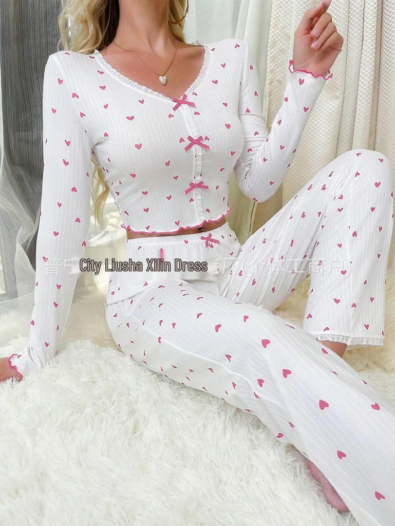 Women's Long-Sleeve V-Neck Heart Pajama Set - Wearable Outdoors