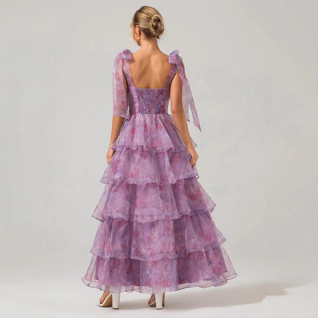 Spring and summer European and American new sleeveless fashion floral suspender off-the-shoulder lace-up swing dress organza dress