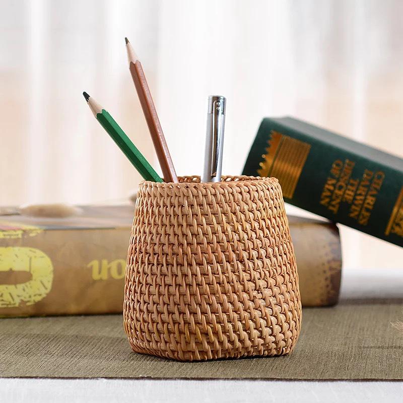 Autumn Rattan Weave Desktop Organizer: Pen Holder & Makeup Storage Box