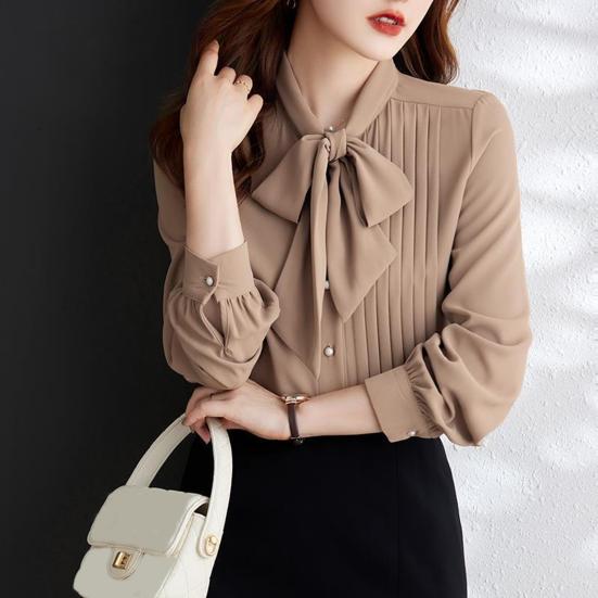 Women Shirt Stand Collar Lace-up Bowknot Long Sleeve Pleated Pullover Tops Solid
