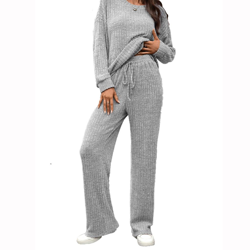 New Round-neck Knitted Long-sleeved, Brushed Casual Long-sleeved and Long Pants Home Wear Set