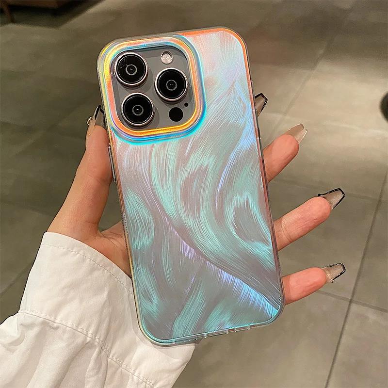 Aurora Gradient Colorful Case for iPhone 15 14 16 Pro Max 13 12 11 Ripple Laser Feather Shockproof Acrylic Cover for iPhone 15