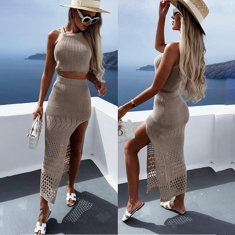 Nuovo Top Corto Estivo da Donna con Gonna a Spacco sui Fianchi Vestito Due Pezzi