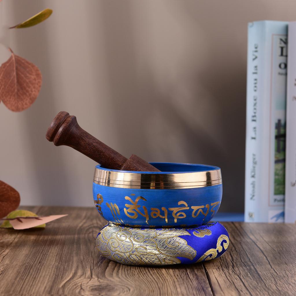 Blue Tibetan Singing Bowl Set with 9.5cm 3.7inch Handmade Metal Sound Bowl & Soft Cushion & Wooden Striker for
