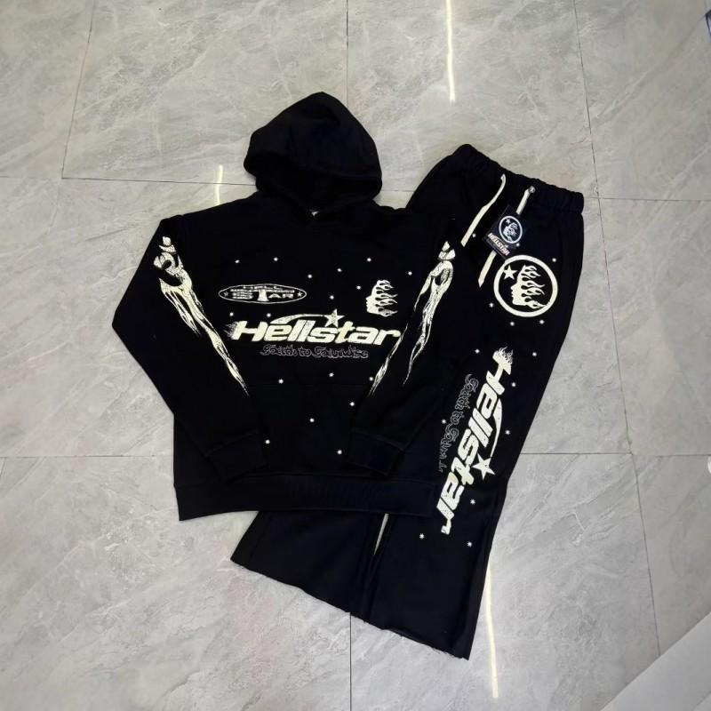 25SS American High Street Trend HELL Printed Fleece Hoodie Sweatpants Set Unisex Women Casual Sportswear
