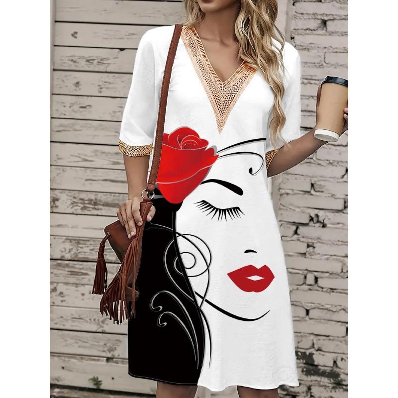 

Женское платье весна/лето с принтом, кружевное, с V-образным вырезом, свободное, с короткими рукавами, средней длины XXXL