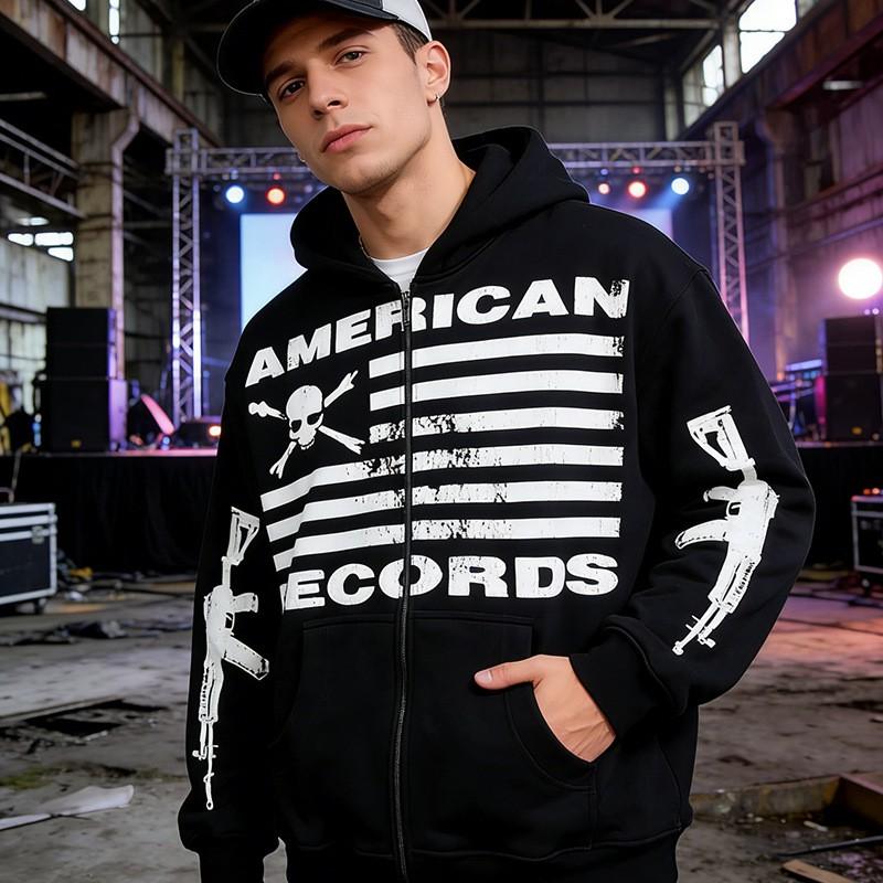 Vintage Gothic Zip-Up Hoodie Loose Fit Unisex Streetwear Sweatshirt Black Star Print