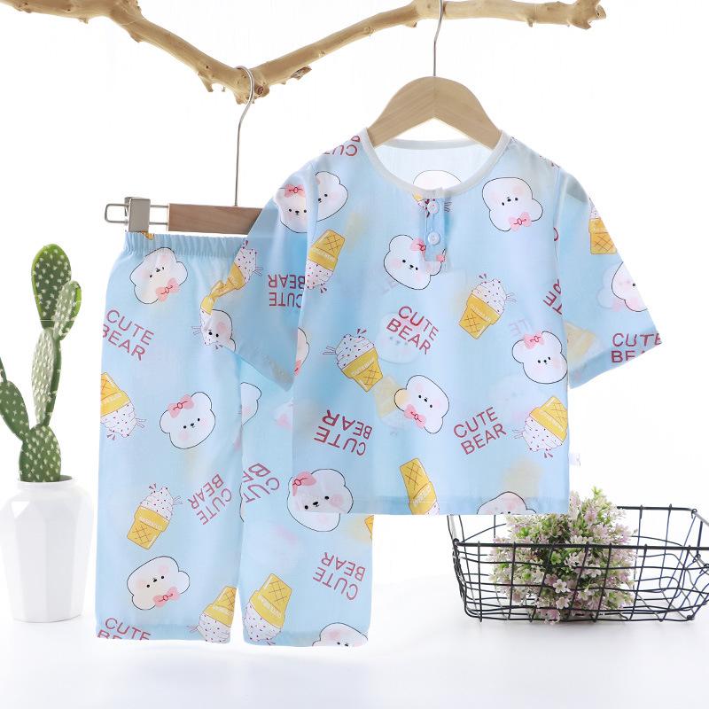 Summer Kids Cotton Silk Pajamas Thin Home Wear Set Boys Girls Cute Pattern Outdoor Wear