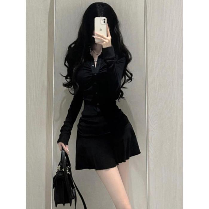 

American Polo Neck Black Long Sleeve Dress Pure Lust Spice Girl Pleated Sports Slim Fit Waist Skinny Short Skirt Skirt S чёрный