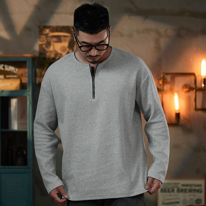 Waffle Half Zipper Long Sleeve Base Shirt T-shirt Men's Round Neck Loose Japanese Retro Casual