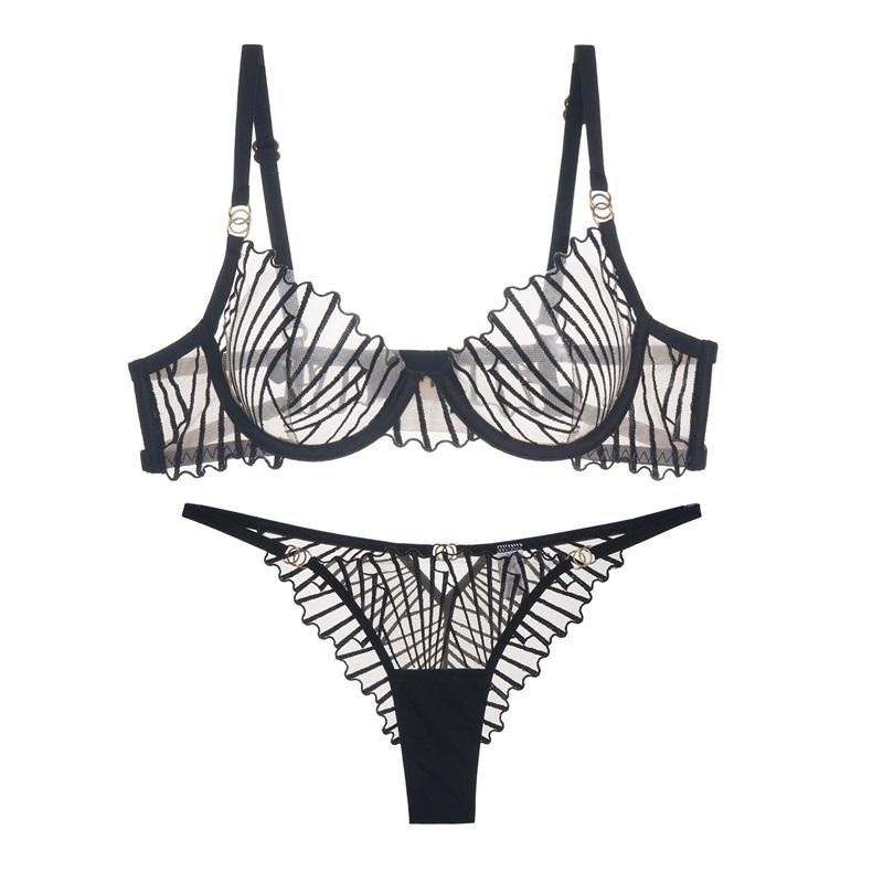 

Женский комплект нижнего белья Рыбья косточка Французский Пуш-ап Бюстгальтер Ультратонкое Дышащее Вышитое Кружевное Белье На косточках Полупрозрачное Белье Комплект из двух предметов L чёрный