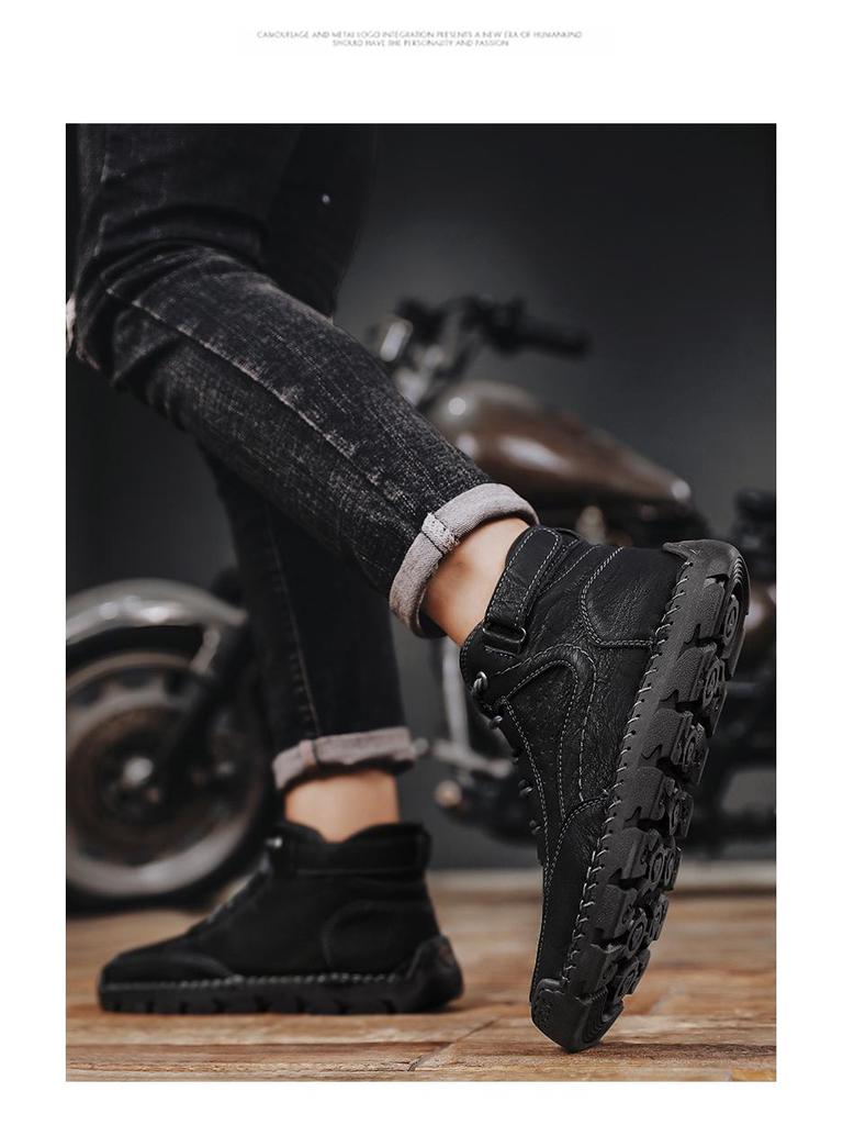 Men's Plus-Size Handmade Leather Ankle Boots: Fashionable Lace-Up Casual Shoes