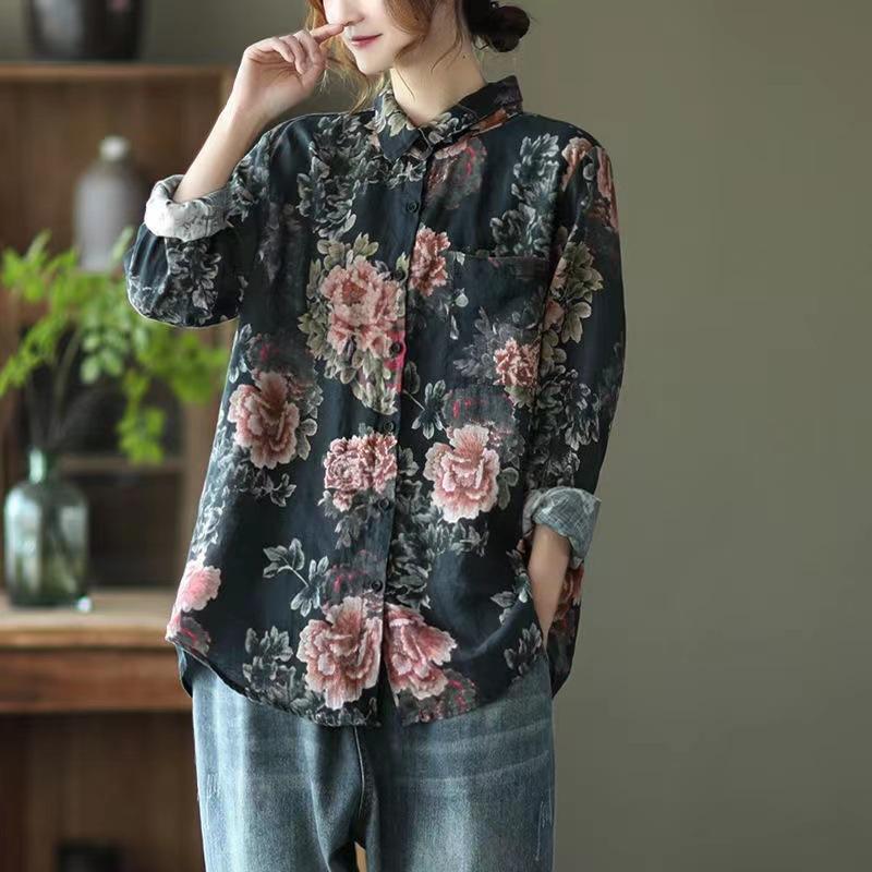 Autumn clothes wear retro printed cotton and linen shirt women's loose long-sleeved shirt cardigan top