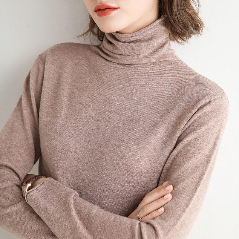 Women's High-Neck Solid Color Woolen Sweater - Slim Fit Knit Pullover for Autumn/Winter
