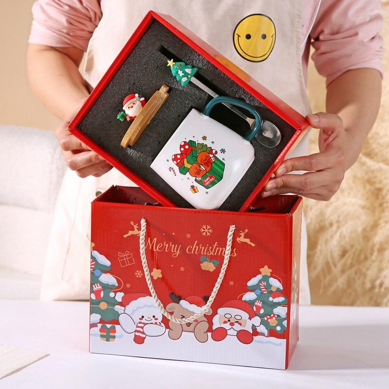 Christmas Ceramic Mug Gift Set,With Bamboo Lid and Cartoon Spoon,Holiday Drinking Cup Kit for Gift